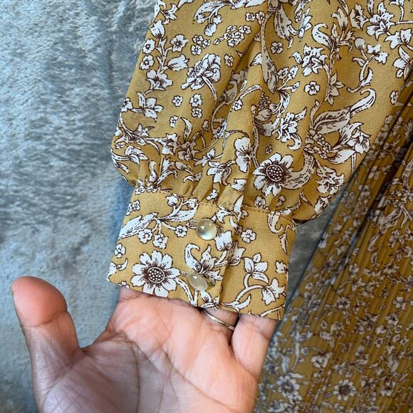 Floral Midi Dress Yellow Ruched Front Pleated Skirt Cottagecore Indie Feminine M - Picture 6 of 8
